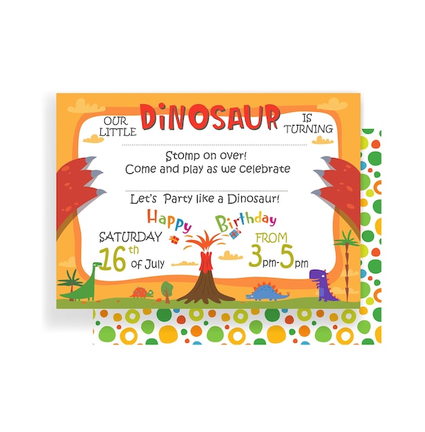 Convite de aniversário de férias com patas de dinossauro engraçadas seguram um cartão postal com convite