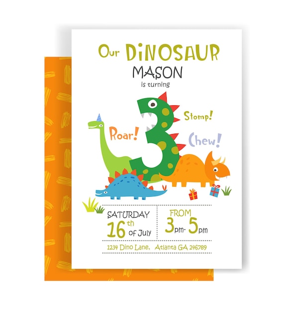 Vetor convite de aniversário de férias para festa de aniversário de dino três anos com dinossauros engraçados de desenho animado