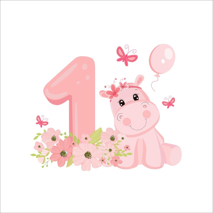 Vetor convite de aniversário de hipopótamo de bebê fofo 1 ano 1 mês feliz aniversário
