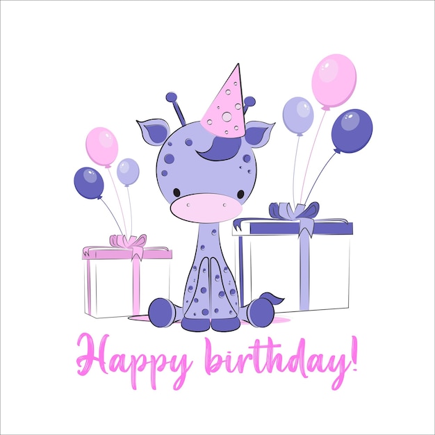 Vetor convite de cartão de feliz aniversário com girafa fofa nas cores rosa e roxas com balões e presentes