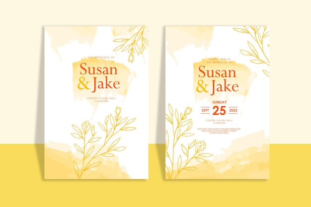 CONVITE DE CASAMENTO AMARELO FLORAL DESENHADO À MÃO FUNDO DA AGUARELA