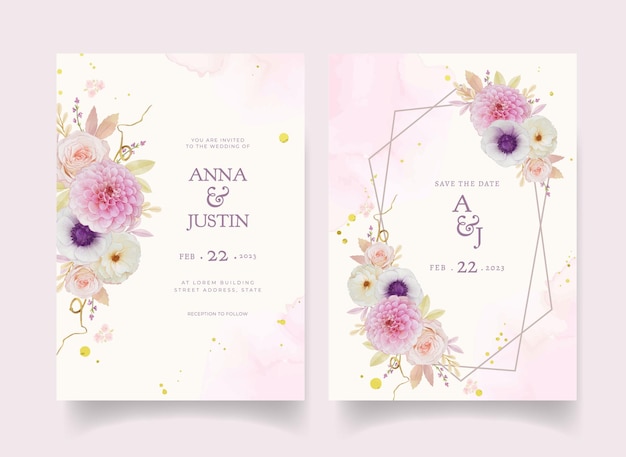 Convite de casamento com aquarela dália rosa e flor de anêmona