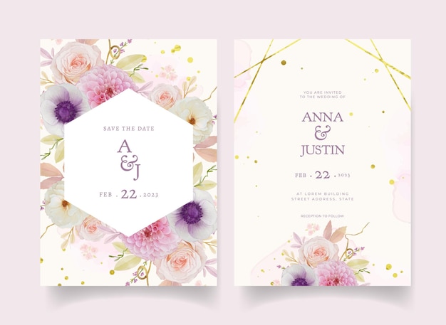 Convite de casamento com aquarela dália rosa e flor de anêmona