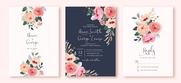 Vetor convite de casamento com aquarela floral pêssego rosa