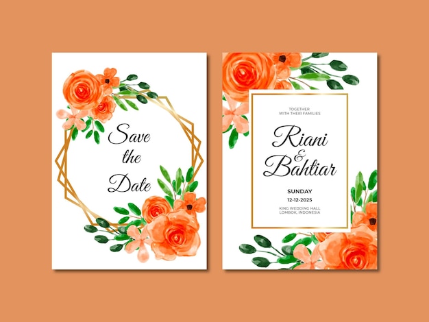 Vetor convite de casamento com aquarela flores laranja