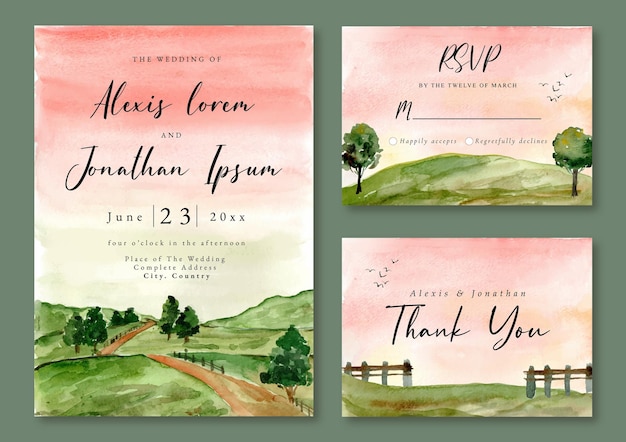 Convite de casamento com aquarela paisagem de campo verde e árvore