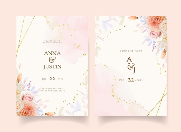 Convite de casamento com aquarela rosa e flor dália