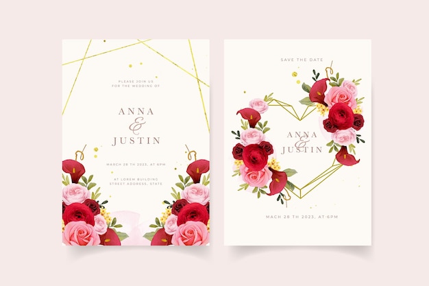 Vetor convite de casamento com aquarela rosa lírio e flor de ranúnculo