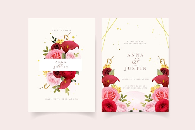 Convite de casamento com aquarela rosa lírio e flor de ranúnculo