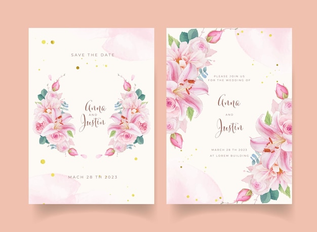 Convite de casamento com aquarela rosas lírio e dália