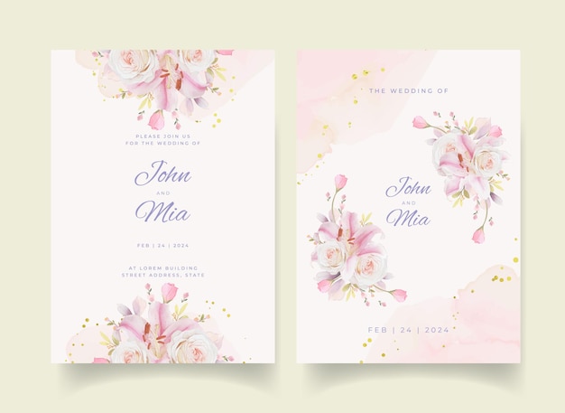 Convite de casamento com aquarela rosas lírio e flor dália