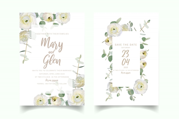 Vetor convite de casamento com flores brancas floral ranúnculo