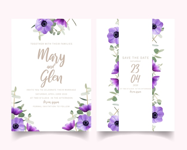 Convite de casamento com flores florais anêmona