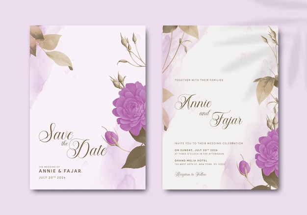 convite de casamento com ilustração de flores roxas vetor premium