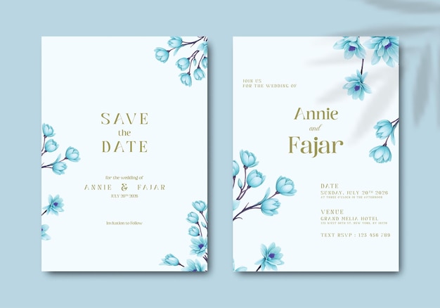 Vetor convite de casamento com ramo de flor azul aquarela vetor premium
