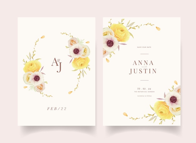 Convite de casamento com ranúnculo de rosas em aquarela e flores de anêmona