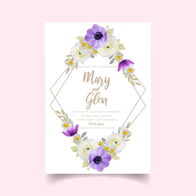 Convite de casamento com ranúnculo floral e flores de anêmona