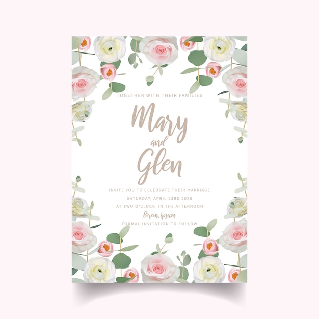 Convite de casamento com ranúnculo floral e flores rosas