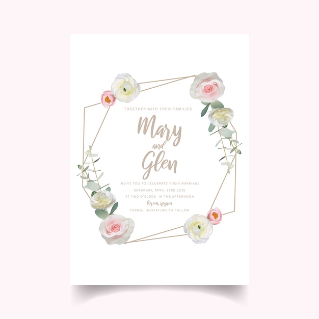 Convite de casamento com ranúnculo floral e flores rosas