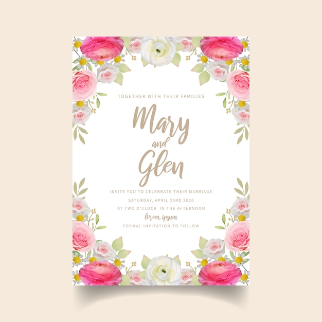 Convite de casamento com ranúnculo rosa floral e flores rosas