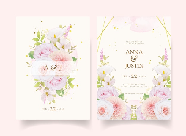 Convite de casamento com rosas aquarela e dália