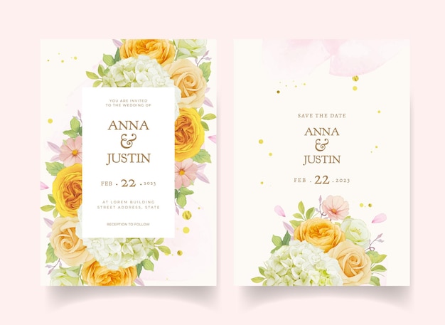 Convite de casamento com rosas em aquarela e hortênsia