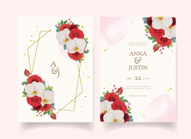 Convite de casamento com rosas vermelhas em aquarela e orquídea