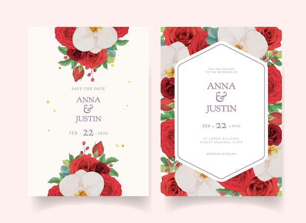 Convite de casamento com rosas vermelhas em aquarela e orquídea
