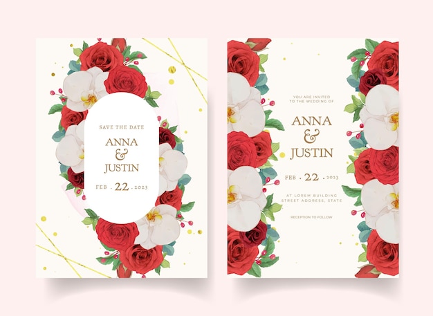 Convite de casamento com rosas vermelhas em aquarela e orquídea