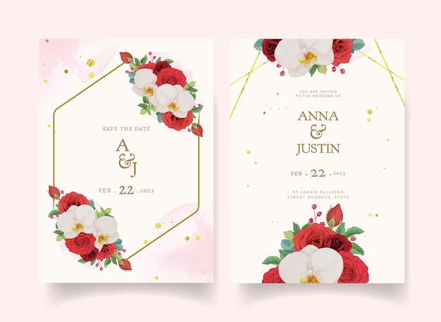 Convite de casamento com rosas vermelhas em aquarela e orquídea