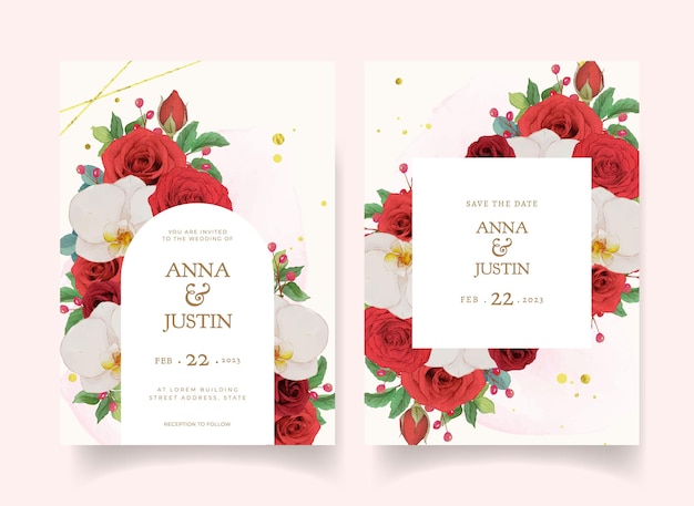 Convite de casamento com rosas vermelhas em aquarela e orquídea