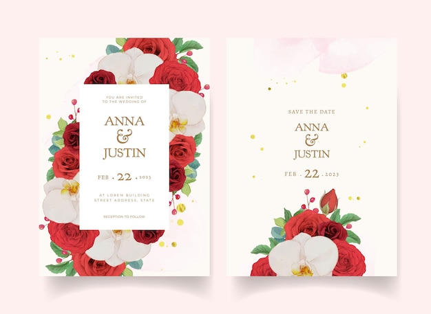 Convite de casamento com rosas vermelhas em aquarela e orquídea