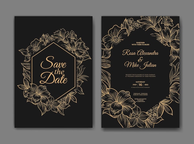 Convite de casamento de luxo com lindo modelo de flores de arte de linha