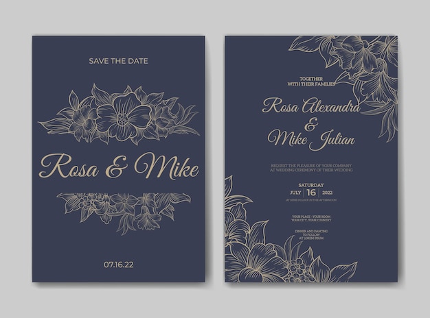Convite de casamento de luxo com lindo modelo de flores de arte de linha