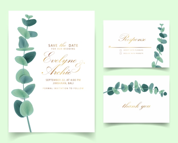 Convite de casamento de vegetação com folhas de eucalipto