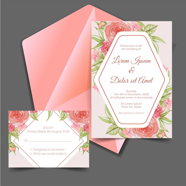 Convite de casamento e rsvp aquarela flor vintage rosa