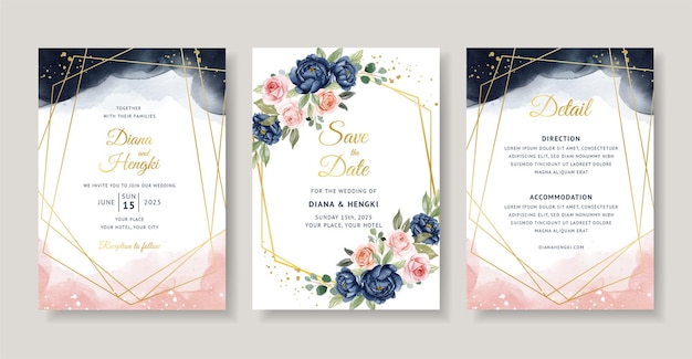 Convite de casamento elegante com aquarela floral marinho e pêssego