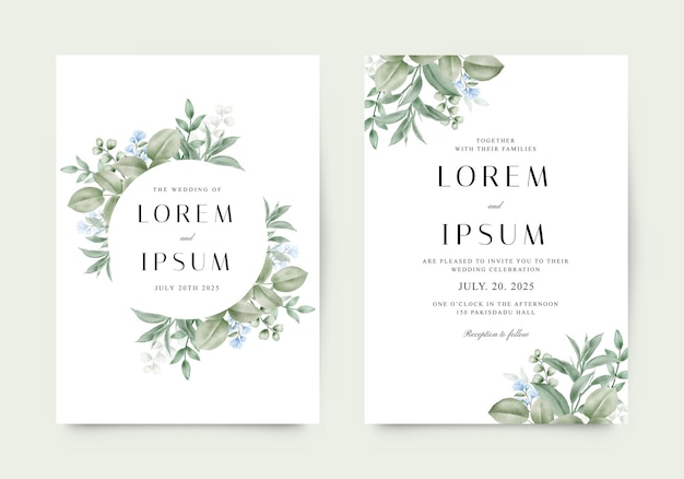 Convite de casamento elegante com folhas verdes e flores azuis