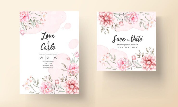 Convite de casamento elegante com motivos florais em aquarela