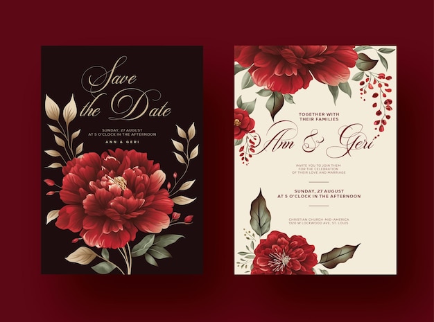 Vetor convite de casamento elegante vetor vermelho com linda flor aquarela