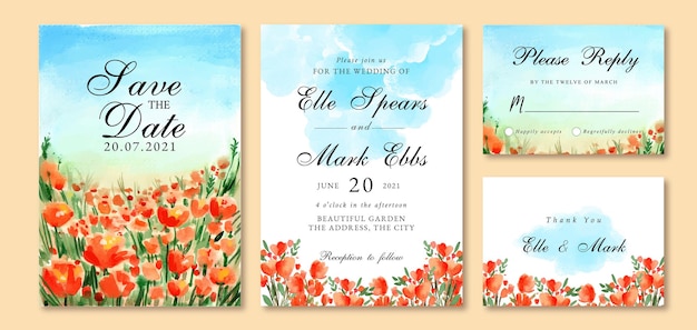 Convite de casamento em aquarela com tulipas laranja e paisagem de céu azul