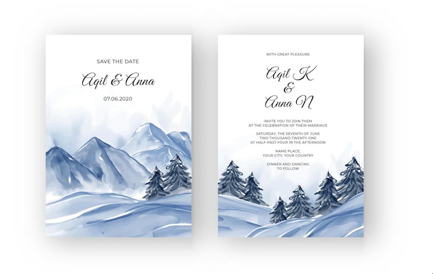 Convite de casamento em aquarela de paisagem de montanha de inverno
