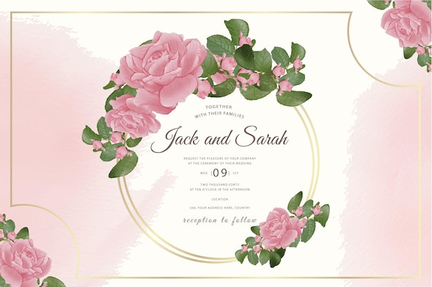 Convite de casamento em aquarela floral com círculo dourado premium vector