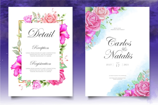 Convite de casamento em aquarela floral e modelo de cartão de folhas