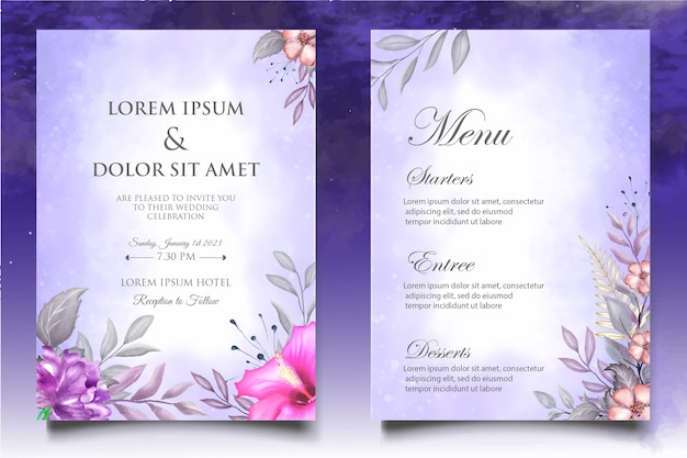Convite de casamento em aquarela floral e modelo de cartão de folhas