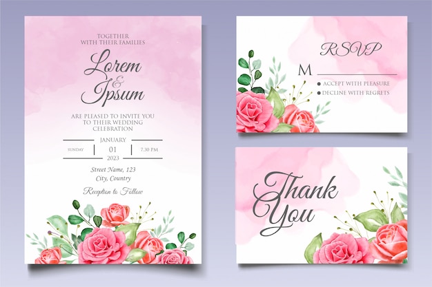 Convite de casamento em aquarela floral e modelo de cartão de folhas