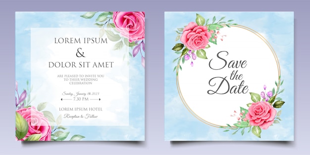 Convite de casamento em aquarela floral e modelo de cartão de folhas
