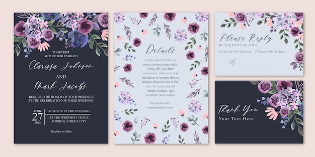 Convite de casamento em aquarela floral elegante roxo profundo