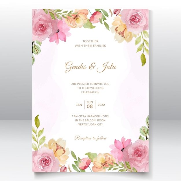 Vetor convite de casamento em aquarela floral