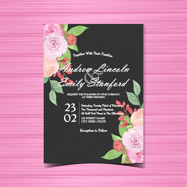 Convite de casamento floral aquarela com lindas rosas